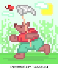 Bear chasing butterfly with a net, cute vector pixel art illustration. Insect collecting hobby. Summer outdoor activity. Cartoon scene with wildlife animal character. Retro 8 bit video game graphics.