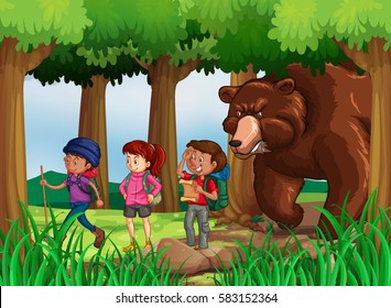 Bear chasing hikers in forest illustration