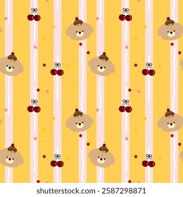 Bear, Cherry Cake on Orange Background, Pink Lines, Fabric Pattern, Gift Wrapping Paper , seamless pattern 
