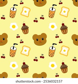 Bear , cherry, cupcakes, bubble tea on yellow background , seamless pattern 