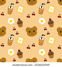 Bear , cherry, cupcakes, bubble tea on brown background , seamless pattern 