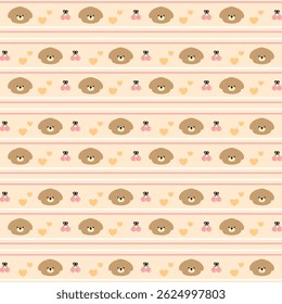 Bear, Cherry, Heart, Brown Background, Fabric Pattern, Gift Wrapping Paper , Seamless Pattern 