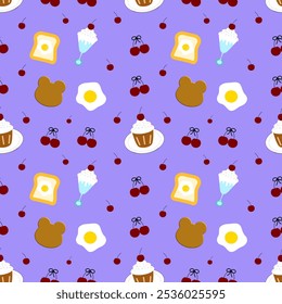 Bear , cherry, ice cream on purple background , seamless pattern 