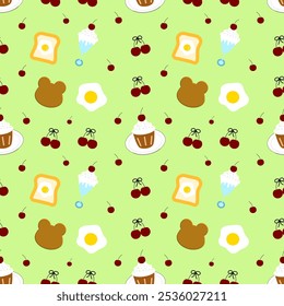 Bear , cherry, ice cream on green background , seamless pattern 