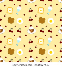 Oso, cereza, helado sobre fondo amarillo, patrón transparente 