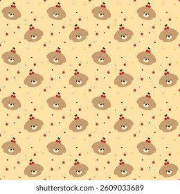 Bear, Cherry on Polka Dot Background, yellow Background, Fabric Pattern,Gift Wrapping Paper, Seamless Pattern