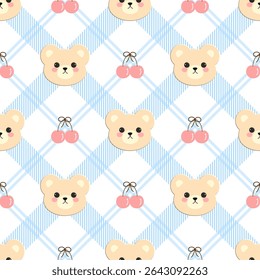 Bear cherry on white background, blue checkered pattern, fabric pattern, gift wrapping paper , seamless pattern 