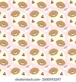 Bear, Cherry, Rainbow on pink Background, Fabric Pattern, Wrapping Paper, Seamless Pattern