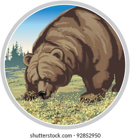 Bear chewing berries. Vector illustration.