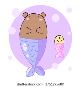 Bear and chick with mermaid tail