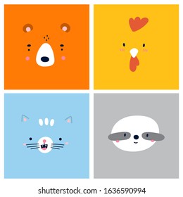 Bear, chicken, cat, sloth. Various Cute Animal faces without outline. Funny cartoon Muzzles. Colorful Hand drawn Vector square illustrations. All elements are isolated