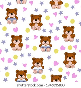 Bear children toy. Seamless pattern on a white background. Children illustration with animals. Vector illustration