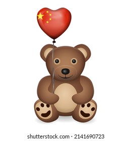 Bear with China flag heart balloon on a white background. Vector illustration.