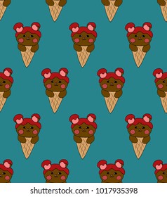 Bear Chocolate on Ice Cream Blue Teal Background. Vector Illustration.