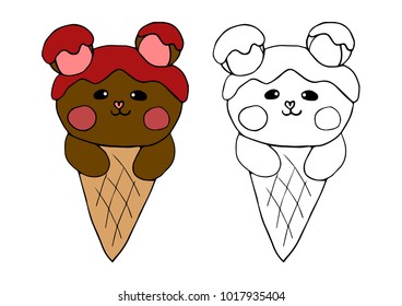 Bear Chocolate on Ice Cream. Vector Illustration. isolated on White Background.