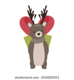 Oso con cornamentas de Navidades en diseño plano. Linda mascota sostiene regalo de vacaciones. Ilustración vectorial aislada.