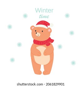 Oso. Navidad lindo oso de invierno en año nuevo bufanda y sombrero. Animal del norte. caricatura lindo personaje. Ilustración vectorial en un fondo blanco.
