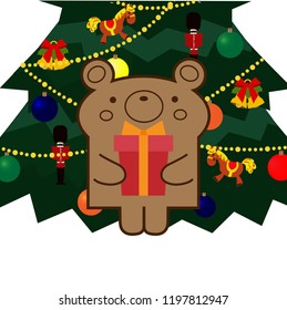 Bear with a Christmas tree and gifts.