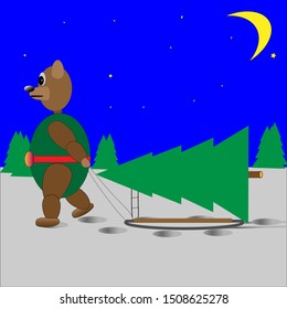 bear Christmas tree on a sled and the moon