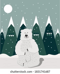 Bär, Weihnachtsbäume, Berge, Schnee, Winterlandschaft. Weihnachtskarte, Kinderzimmer-Dekoration, skandinavisches Tapete, Vektorgrafik im skandinavischen Stil.
