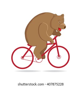 Bear in the circus, circus bear rides a red bike. Funny circus bear vector illustration