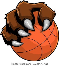 Bear Claw Holding Basketball Mascot Logo. Vector Hand Drawn Illustration Isolated On Transparent Background