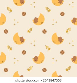 Bear climbing the moon cartoon so cute. On star planet background. Pattern seamless vector illustration. 