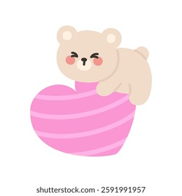 Bear Climbing on a Striped Pink Heart in Adorable Valentine Design Vector Illustration