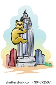 Bear climbing tall building cartoon hand draw illustration