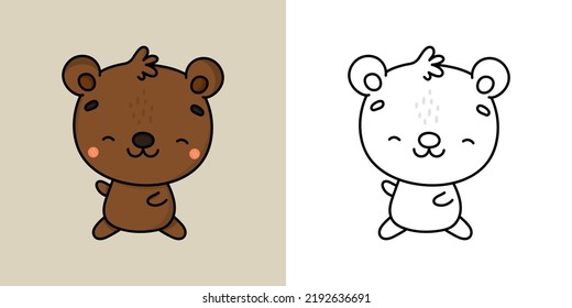 Bear Clipart for Coloring Page and Multicolored Illustration. Adorable Clip Art Brown Bear. Vector Illustration of a Kawaii Animal for Coloring Pages, Prints for Clothes, Stickers, Baby Shower.
