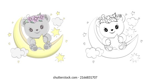 Bear Clipart Multicolored and Black and White. Beautiful Clip Art Bear on the Moon with a Star. Vector Illustration of an Animal for Prints for Clothes, Stickers, Baby Shower, Coloring Pages. 