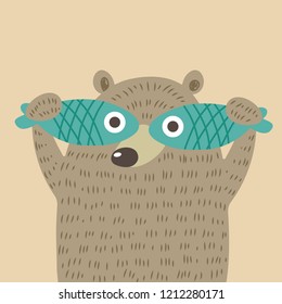 A bear close his eyes with fish. Cute and funny pastel bear cartoon vector illustration. Grizzly bear replace his eyes with fish's eyes. 