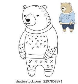 bear in clothes, childrens coloring book isolated vector