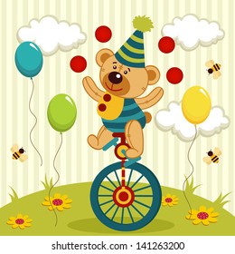 bear clown juggles and rides a unicycle - vector illustration