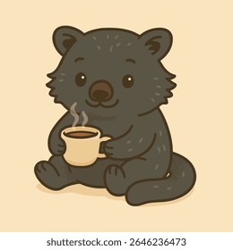 Bear with Coffee, A charming, cartoon bear sits, enjoying a warm mug of coffee. Expressing the warmth of the moment.