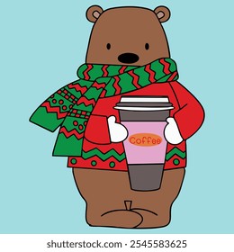 Oso Con Café Y Bufanda Ilustración