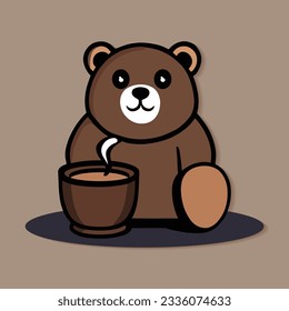 Bear with a coffee vector icon, cute 
 baby teddy bear-based logo symbol design illustration for t shirt, sticker. Brown wild animal mascot sitting pose, grizzly