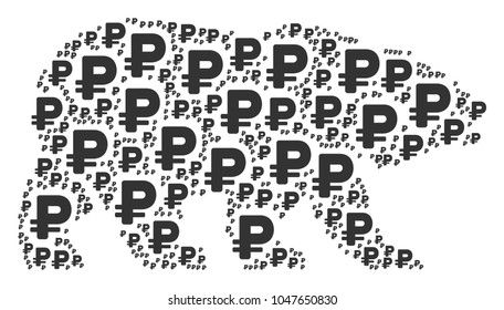 Bear collage combined of rouble pictograms. Vector rouble icons are combined into mosaic bear collage.