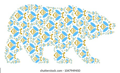 Bear collage made of bee pictograms. Vector bee items are united into mosaic bear composition.