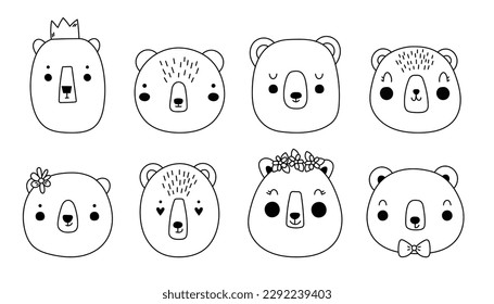 Bear Collection Faces Bears Doodle style. Vector illustration. Element for print, postcard and poster isolate on white background.