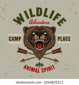 Emblema, placa, etiqueta o logotipo de color oso con la vida silvestre en la ilustración vectorial de estilo vintage