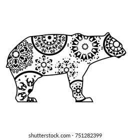 Bear coloring book vector illustration. Black and white lines. Lace pattern