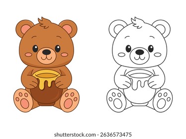 Bear coloring page for children – A cute teddy bear outlined for coloring, great for children’s printable activities, early education materials, and coloring books. Clean vector lines in cartoon style