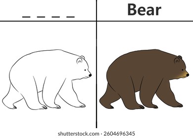 Bear coloring pages for kids and learn to recognize letters, animal recognition card media for various games in early childhood learning
