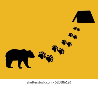 Bear comes to the camp. Paw trail and tent. Flat style.