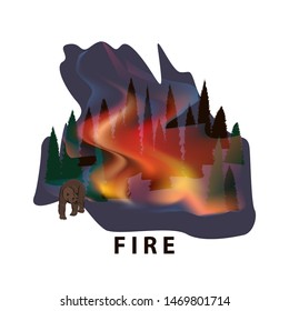 Bear coming out of a burning forest, taiga, realistic bright flame, - round icon - isolated on white background - vector. Fiery element.