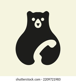 Bear Communication Logo Negative Space Vector Template. Bear Holding Cell Phone Symbol