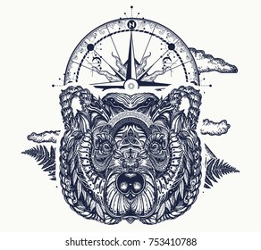 Bear and compass tattoo and t-shirt design. Symbol of force, tourism, adventure, outdoors, wild nature 
