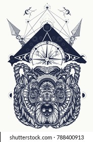 Bear and compass tattoo and t-shirt design 
