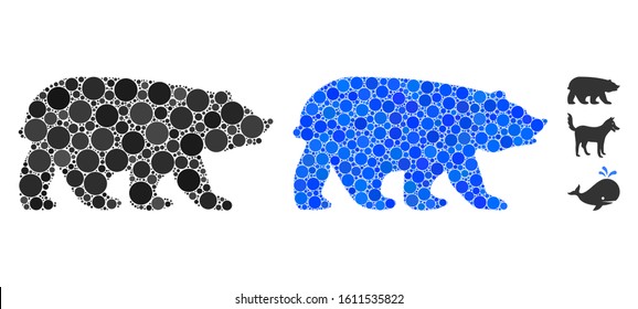 Bear composition of round dots in variable sizes and color hues, based on bear icon. Vector round dots are composed into blue composition. Dotted bear icon in usual and blue versions.